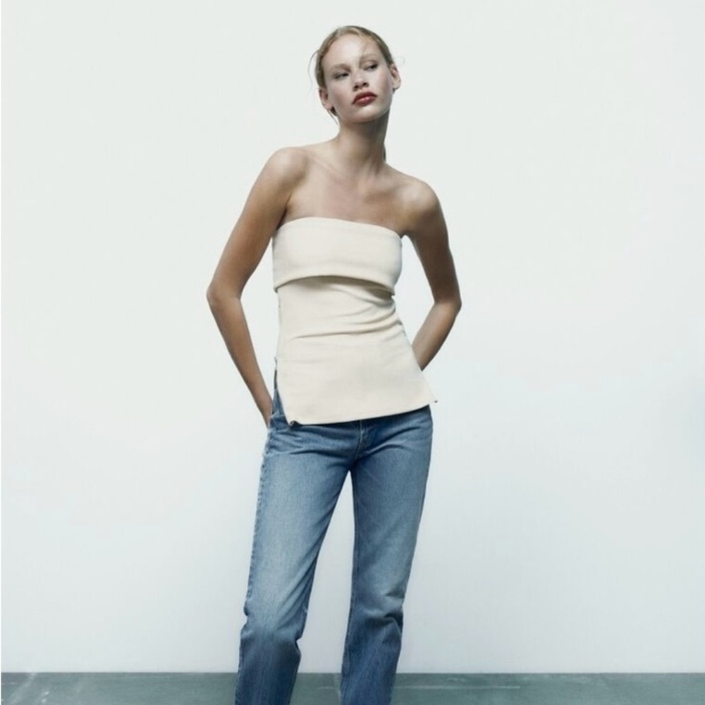 Cream Strapless Top and Blue Jeans